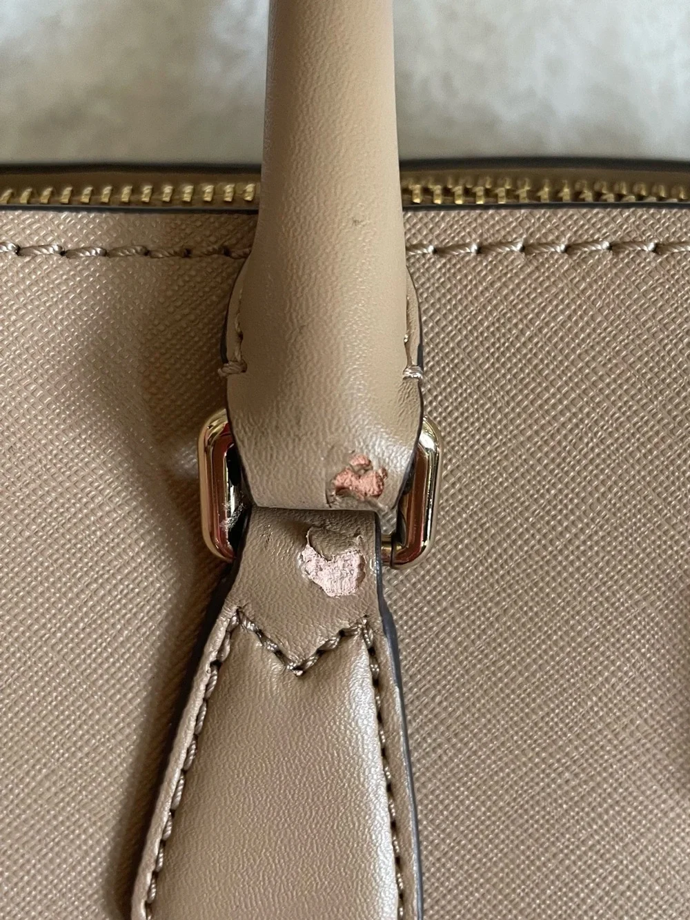 NWT Michael Kors Taupe Saffiano Leather Satchel with Gold Hardware.